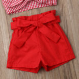 Spring girls' red checkered personalized tied top+tied bow shorts, - Image 4