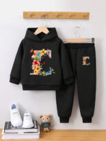 Girls' fashion sweatshirt two-piece letter E print children's girls autumn and winter velvet top set - Image 5