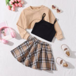 Fashionable solid color long-sleeved cover-up + camisole + plaid skirt three-piece set