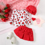 Baby Girl Two Piece Set Autumn Love Print Long Sleeve Top Cute Bow Shorts Baby Set