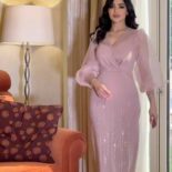 Autumn new V-neck mesh sequins elegant slim balloon sleeve dress women