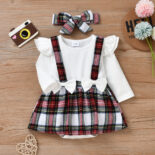 Autumn New Baby Girl Checkered Bow Fake Two Piece Triangle Clothes+Headscarf - Image 3
