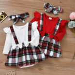 Autumn New Baby Girl Checkered Bow Fake Two Piece Triangle Clothes+Headscarf