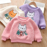 Girls long sleeved top with fleece thickened winter new baby embroidery warm sweatshirt children's pullover - Image 2