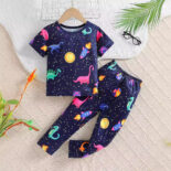 Children's short sleeve set, summer baby loungewear, pajamas, boys, thin cartoon dinosaur, luminous effect two-piece set - Image 2
