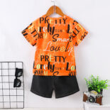 Summer Boys' Trendy Alphabet Digital Printed Short Sleeve Ripped Denim Shorts Set - Image 4