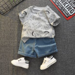 Summer children's new suit baby dinosaur crew neck t-shirt denim shorts fashion children's clothes - Image 2