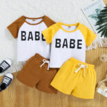 Children's clothing for boys and girls baby summer style brother and sister outfit alphabet color-block short sleeve dropped shoulder set small