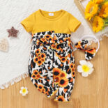 Summer new girl baby sunflower print jumpsuit with headscarf and belt