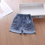 Girls' summer denim cropped pants, girls' bunny baggy shorts, children's casual pants, children's versatile pants