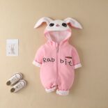 Baby onesies, spring and autumn and winter female treasures, cute rabbits, full moon crawling clothes, velvet and thickening outings - Image 2