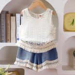 New summer girl suit knitted vest with camisole top and denim shorts three-piece set - Image 5