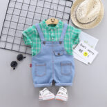 Summer Boys Shirt Short Sleeve Stand Collar Plaid Straps Cropped Pants Version Single Breasted - Image 3