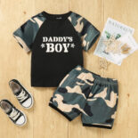 Spring and summer new boys' baby black letter short sleeved T-shirt+camouflage shorts set