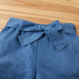 Children's blue and yellow floral striped one-shoulder denim shorts set - Image 2