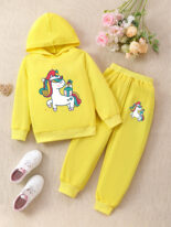 Cartoon unicorn cute girl fashion hooded sweatshirt set girl spring and autumn sports two-piece set - Image 2