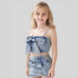 Children's clothing girls denim suits, summer new ins, fashion children's suspender skirts, 2-piece set