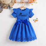 Summer new girl's princess monogram print bow belt round neck short sleeve cut-out dress