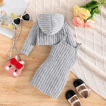 Baby girl spring and autumn long-sleeved ribbed hooded jacket + cute printed slip dress set - Image 5