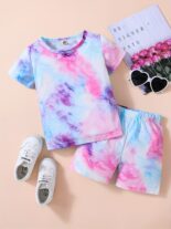 Girls' fashion suit, tie-dye random print, short sleeve casual two-piece set