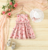 Children's clothing girls summer print dress for small children midi dress with hat - Image 5
