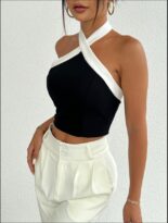 Summer new cross-border women's vest contrast decorative buckle halterneck solid color top - Image 5