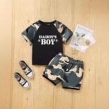 Summer New Boys Baby Black Letter Short sleeved T-shirt+Camo Shorts Set