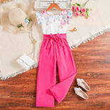 Girls' suits, sweet printed crewneck tops, solid color trousers, two-piece suits, fashionable