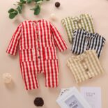 New Spring and Autumn Clothing for Boys and Girls, Long Sleeve, Long Pants, Checkered Spring and Autumn Clothes, Climbing Clothes, jumpsuit