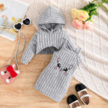 Baby girl spring and autumn long-sleeved ribbed hooded jacket + cute printed slip dress set