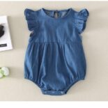 Men's and women's newborn shirt collar flying sleeve denim baby cotton short sleeve crawler baby clothes - Image 3
