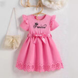 Summer new girl gradient letter print bow belt round neck short sleeve cut-out dress