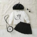 Spring and Autumn style baby girl and children's suit, cute, baby girl, long-sleeved puff sleeve T-shirt, princess skirt, hat 3-piece set