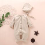 New Boys and Girls Baby Baby Cloth Solid Color Children's Long sleeved jumpsuit Hat Children's Clothing - Image 3