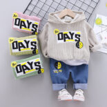 Spring Autumn Hooded Pullover Cartoon Version Boys Alphabet Casual Jeans Fashion Sweatshirt Two-Piece Set