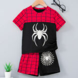 Style 2-piece boy cartoon spider print round neck pullover short sleeves and shorts color blocking splicing set
