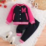 New Baseball Jersey Letter Long Sleeve Jacket Solid Color Trousers Two Piece Set - Image 3