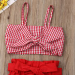 Spring girls' red checkered personalized tied top+tied bow shorts, - Image 3