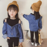 Autumn New Children's Clothing Girls Long Sleeve Top Denim Shirt Fake Two Coats 3-8 Years Old