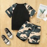 Spring and summer new boys' baby black letter short sleeved T-shirt+camouflage shorts set - Image 2