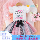 Summer girls' suits, small children's cow print tops with bow mesh skirts, children's suits