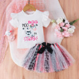 Summer girls' suits, small children's cow print tops with bow mesh skirts, children's suits - Image 5