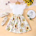 The new girl flying sleeve watermelon sunflower print top + knee-length skirt set - Image 4