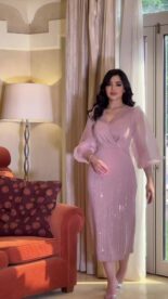 Autumn new V-neck mesh sequins elegant slim balloon sleeve dress women - Image 5