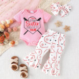 Children's clothing  summer baby sports letter print top floral bell pants headband girl suit - Image 2