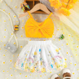 Summer baby girl solid color bow camisole + flower butterfly print skirt set - Image 4
