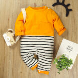 New autumn clothing, baby long sleeves, cute stripes, color blocked spring and autumn clothes, one-piece climbing clothes,