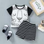 Summer new boys and girls lion print striped pants set
