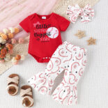 Children's clothing  summer baby sports letter print top floral bell pants headband girl suit - Image 3