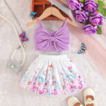 Summer baby girl solid color bow camisole + flower butterfly print skirt set - Image 3